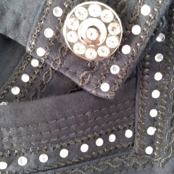 Simon Chang Denim Cotton Jacket with Bling Black with Rhinestone trimbuttons - Picture 3 of 6